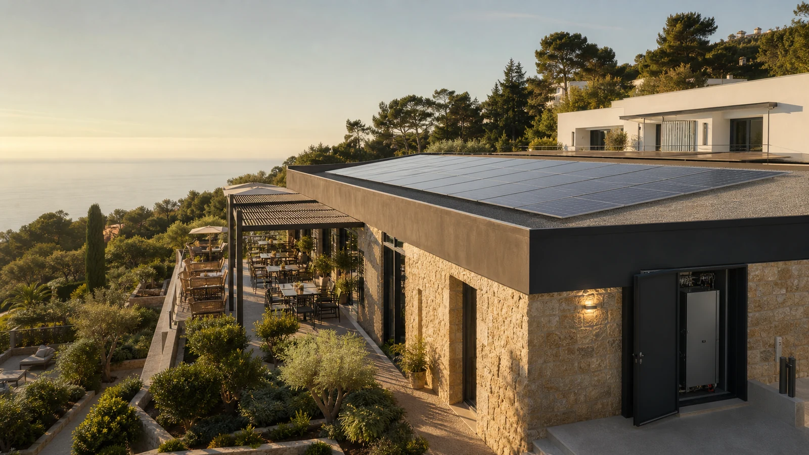 Alojamiento contemporáneo con paneles fotovoltaicos integrados en la cubierta